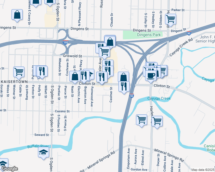 map of restaurants, bars, coffee shops, grocery stores, and more near 2253 Clinton Street in West Seneca