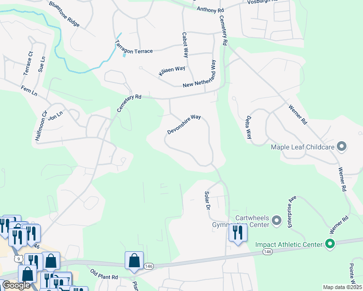 map of restaurants, bars, coffee shops, grocery stores, and more near 28 Devonshire Way in Saratoga County