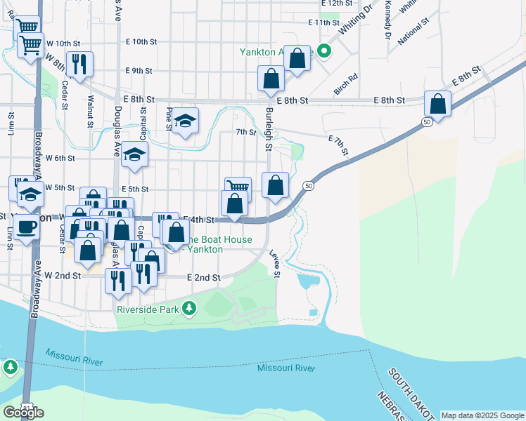 map of restaurants, bars, coffee shops, grocery stores, and more near 405 Burleigh Street in Yankton