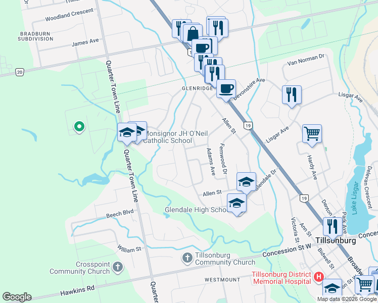 map of restaurants, bars, coffee shops, grocery stores, and more near 86 Glendale Drive in Tillsonburg