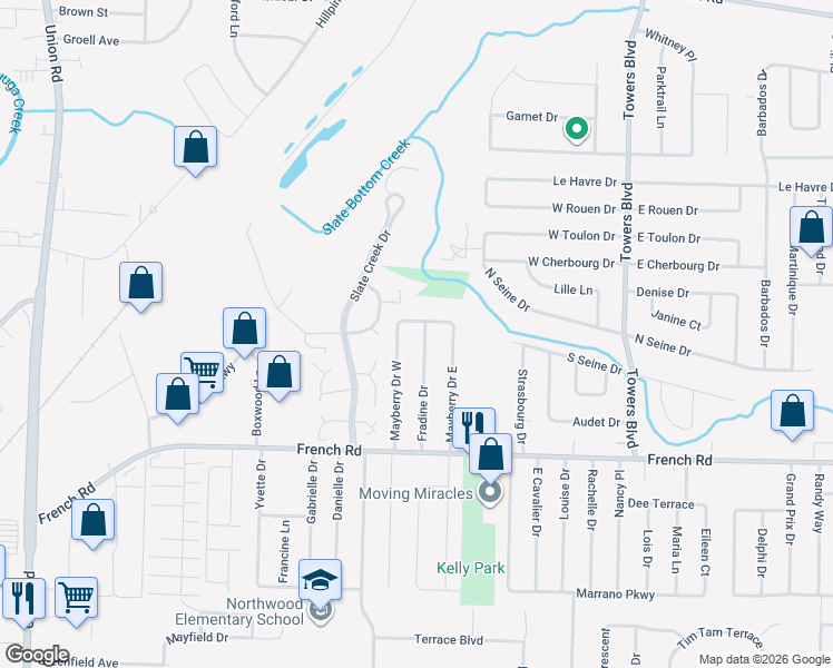 map of restaurants, bars, coffee shops, grocery stores, and more near 86 Fradine Drive in Buffalo