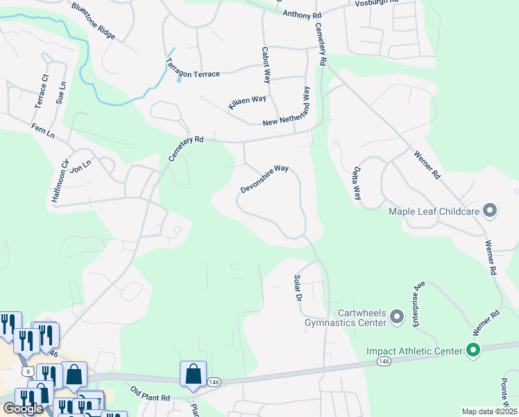 map of restaurants, bars, coffee shops, grocery stores, and more near 28 Devonshire Way in Saratoga County