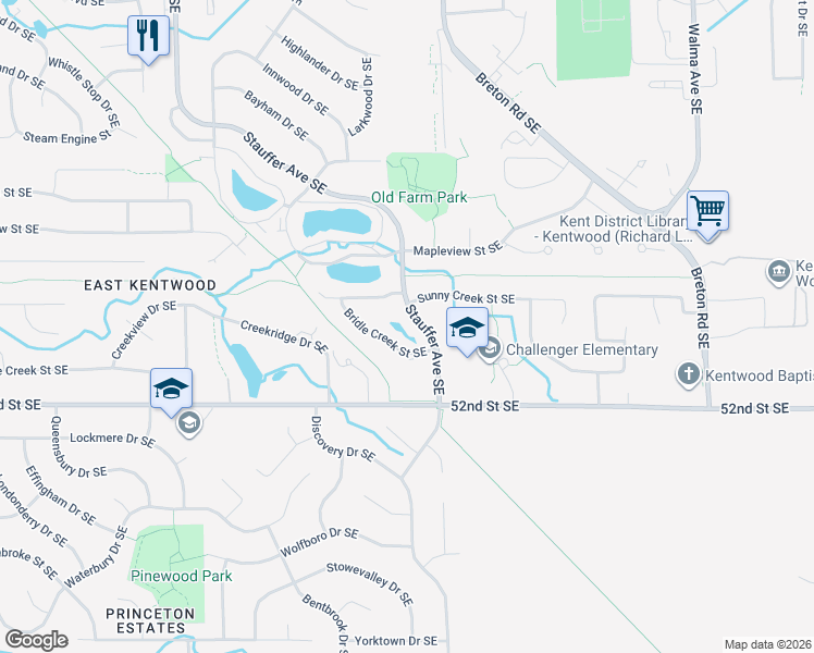 map of restaurants, bars, coffee shops, grocery stores, and more near 2218 Bridle Creek Street Southeast in Kentwood
