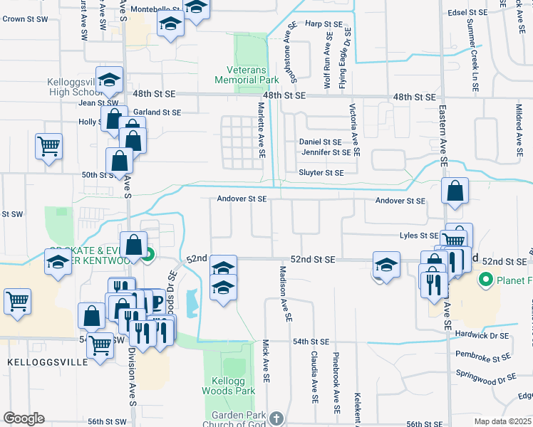 map of restaurants, bars, coffee shops, grocery stores, and more near 5089 Madison Avenue Southeast in Kentwood