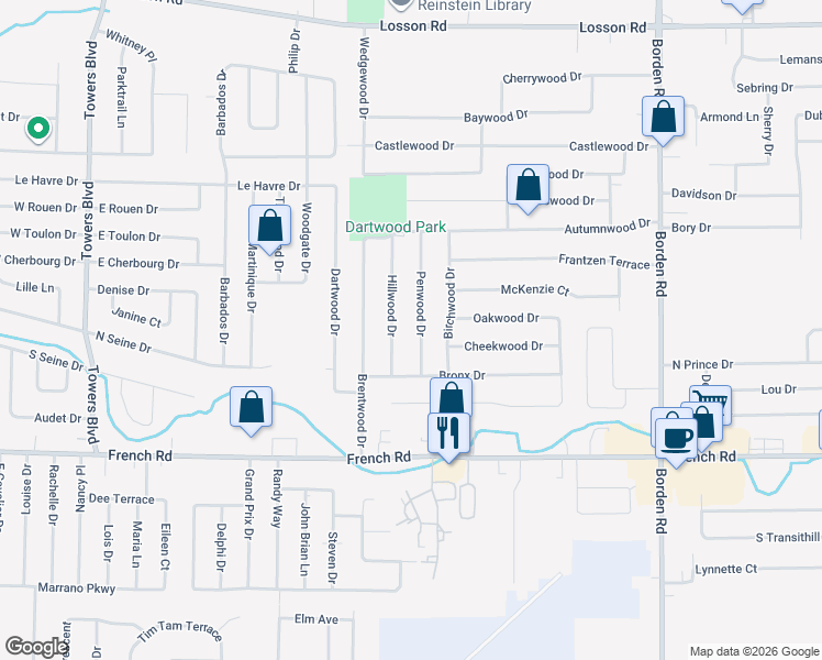 map of restaurants, bars, coffee shops, grocery stores, and more near 36 Penwood Drive in Buffalo