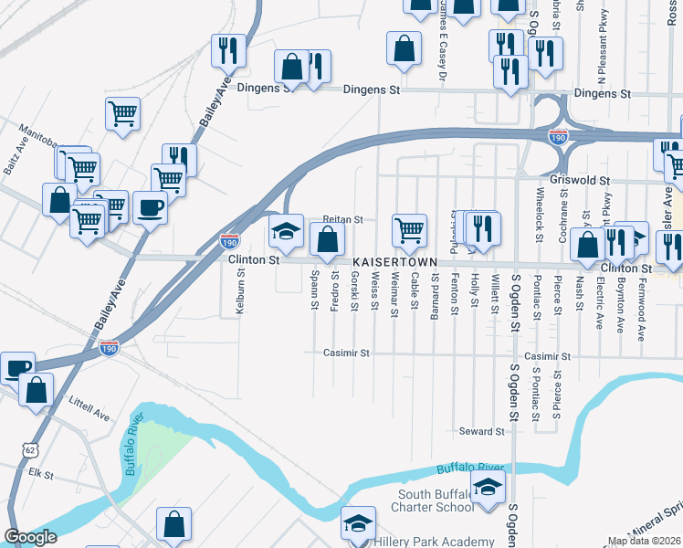 map of restaurants, bars, coffee shops, grocery stores, and more near 1799 Clinton Street in Buffalo