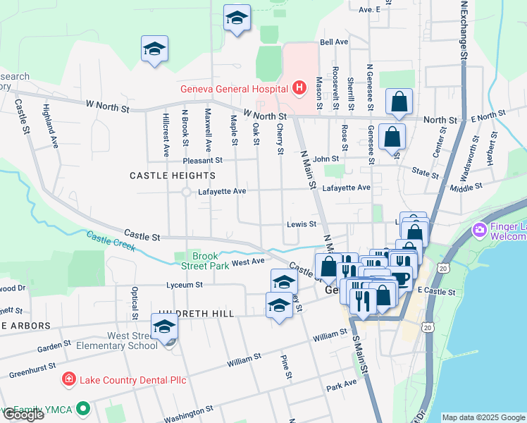 map of restaurants, bars, coffee shops, grocery stores, and more near 121 Oak Street in Geneva