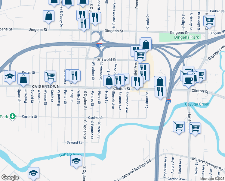 map of restaurants, bars, coffee shops, grocery stores, and more near 2115 Clinton Street in Buffalo