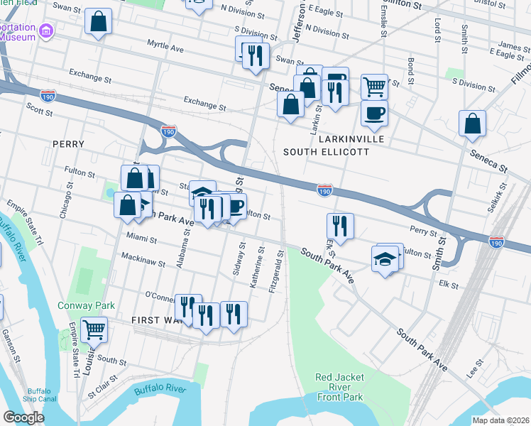 map of restaurants, bars, coffee shops, grocery stores, and more near 394 Fulton Street in Buffalo