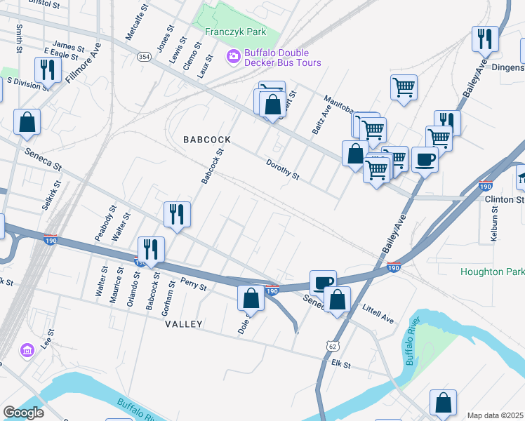 map of restaurants, bars, coffee shops, grocery stores, and more near 141 Milton Street in Buffalo