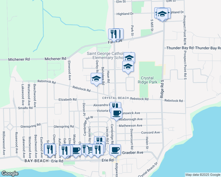 map of restaurants, bars, coffee shops, grocery stores, and more near 149 Ridgeway Road in Fort Erie