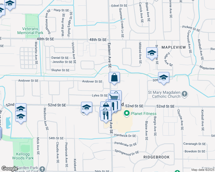 map of restaurants, bars, coffee shops, grocery stores, and more near 797 Andover Street Southeast in Kentwood