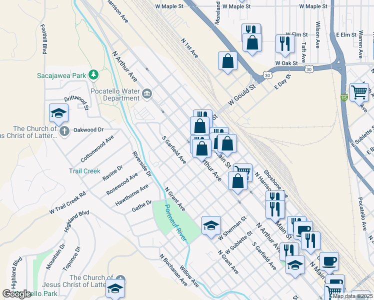 map of restaurants, bars, coffee shops, grocery stores, and more near 1439 North Arthur Avenue in Pocatello