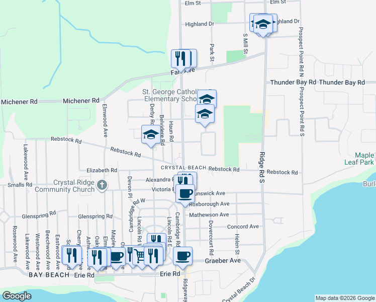 map of restaurants, bars, coffee shops, grocery stores, and more near 150 Ridgeway Road in Fort Erie