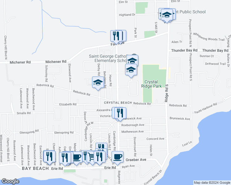 map of restaurants, bars, coffee shops, grocery stores, and more near 149 Ridgeway Road in Fort Erie