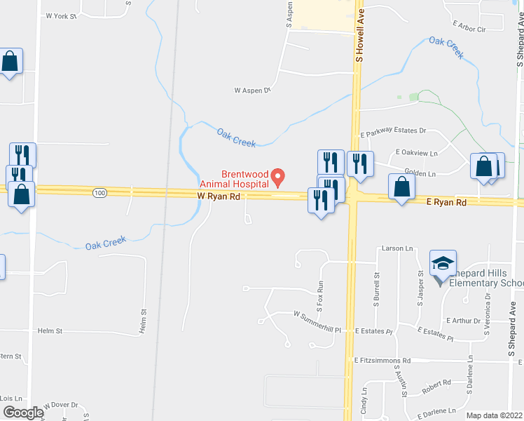 map of restaurants, bars, coffee shops, grocery stores, and more near 301 West Ryan Road in Oak Creek