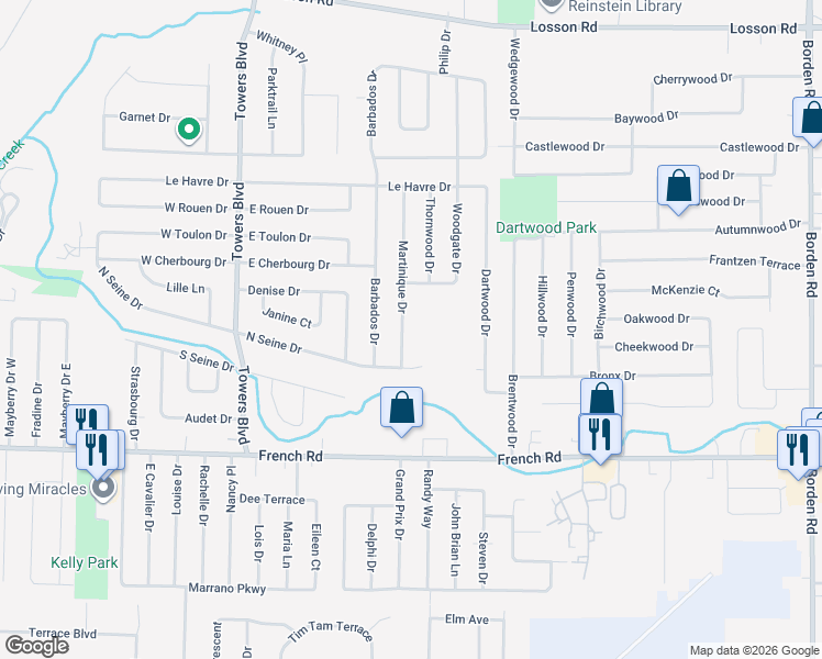 map of restaurants, bars, coffee shops, grocery stores, and more near 23 Martinique Drive in Buffalo
