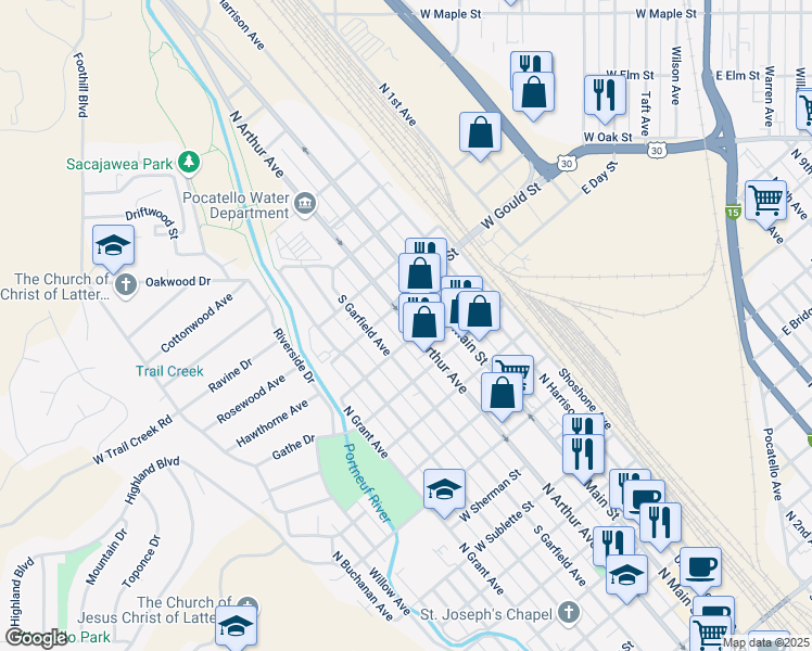 map of restaurants, bars, coffee shops, grocery stores, and more near 1439 North Arthur Avenue in Pocatello