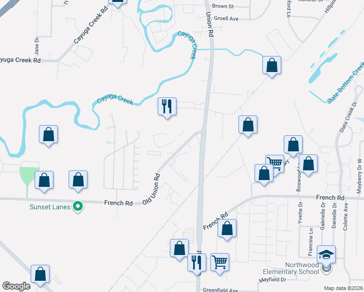 map of restaurants, bars, coffee shops, grocery stores, and more near 2163 Old Union Road in Buffalo