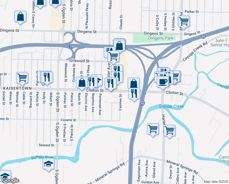 map of restaurants, bars, coffee shops, grocery stores, and more near 2253 Clinton Street in West Seneca