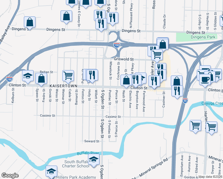 map of restaurants, bars, coffee shops, grocery stores, and more near 2047 Clinton Street in Buffalo