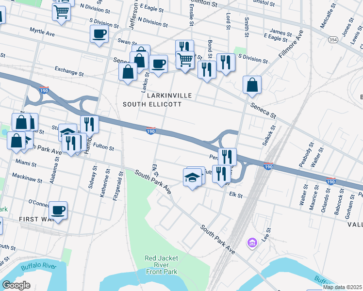 map of restaurants, bars, coffee shops, grocery stores, and more near 726 Perry Street in Buffalo
