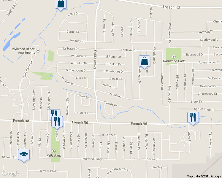map of restaurants, bars, coffee shops, grocery stores, and more near 50 Janine Court in Buffalo