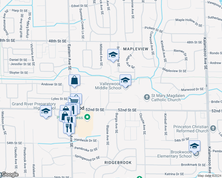 map of restaurants, bars, coffee shops, grocery stores, and more near 5080 Blaine Ave SE in Kentwood