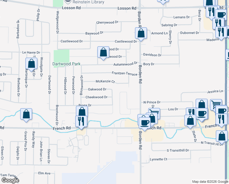 map of restaurants, bars, coffee shops, grocery stores, and more near 215 Sprucewood Drive in Buffalo