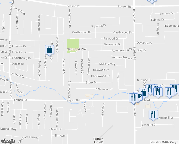 map of restaurants, bars, coffee shops, grocery stores, and more near 5 Oakwood Drive in Cheektowaga