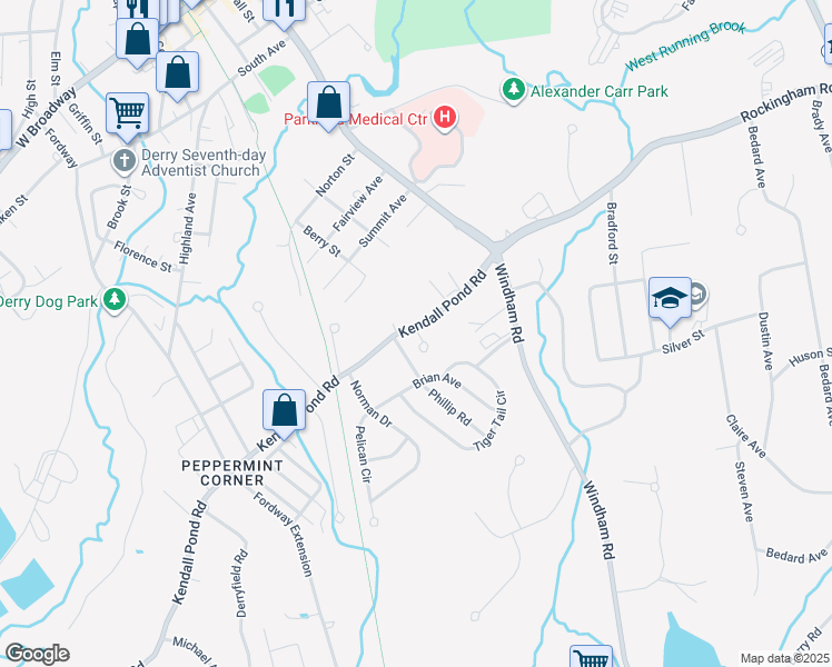 map of restaurants, bars, coffee shops, grocery stores, and more near 1b Gayle Drive in Derry