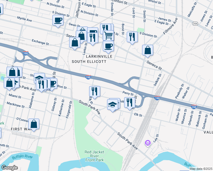 map of restaurants, bars, coffee shops, grocery stores, and more near 726 Perry Street in Buffalo