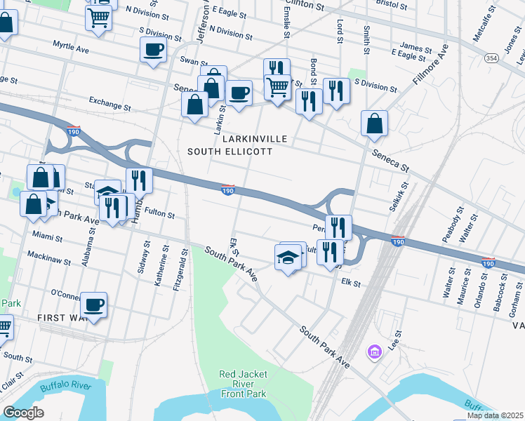 map of restaurants, bars, coffee shops, grocery stores, and more near 726 Perry Street in Buffalo