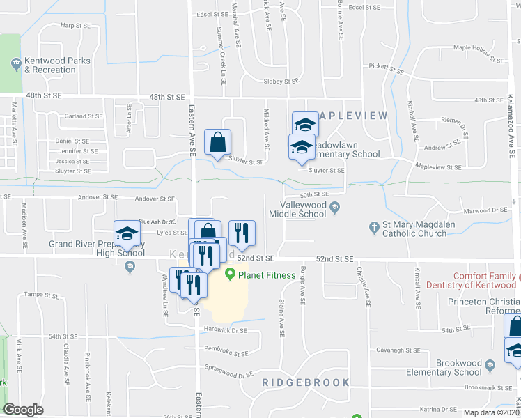 map of restaurants, bars, coffee shops, grocery stores, and more near 5079 Mildred Avenue Southeast in Kentwood