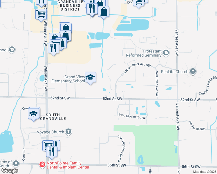 map of restaurants, bars, coffee shops, grocery stores, and more near 3540 Copper River Avenue Southwest in Grandville