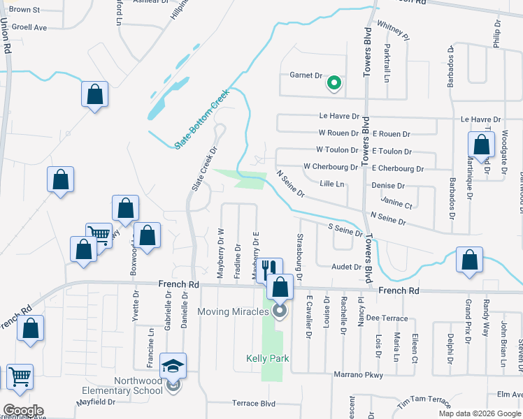map of restaurants, bars, coffee shops, grocery stores, and more near 89 Mayberry Drive East in Buffalo