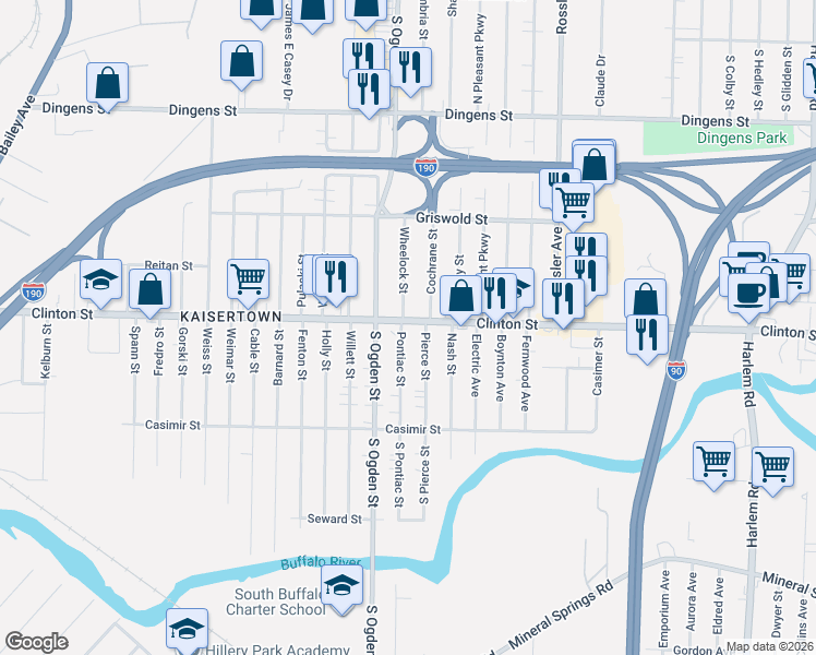 map of restaurants, bars, coffee shops, grocery stores, and more near 2047 Clinton Street in Buffalo