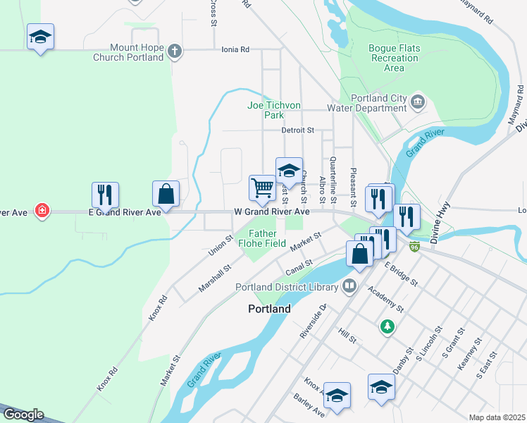 map of restaurants, bars, coffee shops, grocery stores, and more near 751 West Grand River Avenue in Portland