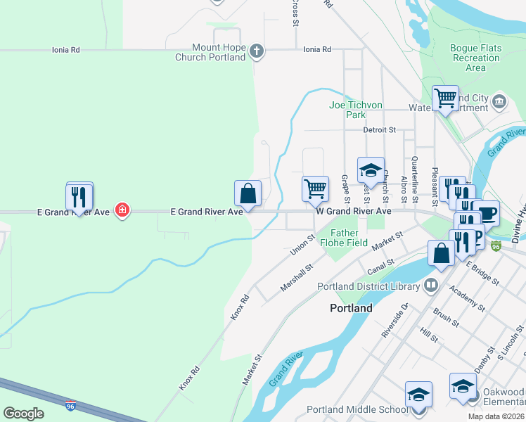 map of restaurants, bars, coffee shops, grocery stores, and more near 100 Blossom Drive in Portland