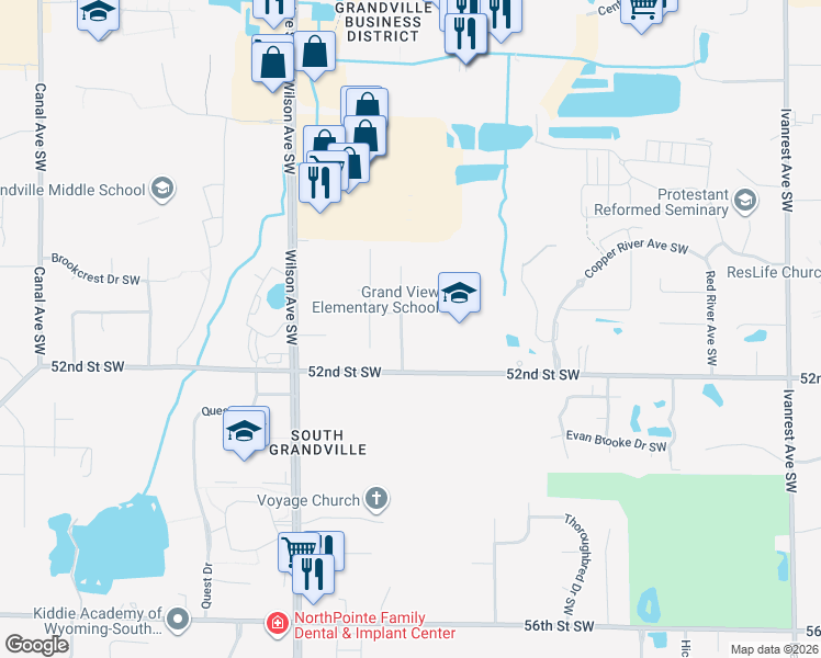 map of restaurants, bars, coffee shops, grocery stores, and more near 5138 Alexandria Dr SW in Wyoming