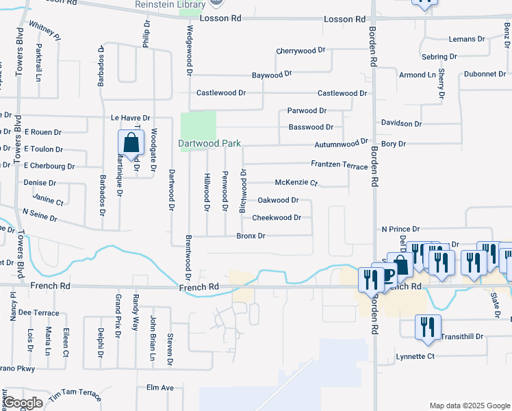 map of restaurants, bars, coffee shops, grocery stores, and more near 5 Oakwood Drive in Cheektowaga