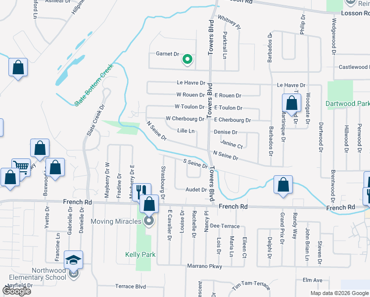 map of restaurants, bars, coffee shops, grocery stores, and more near 119 North Seine Drive in Buffalo