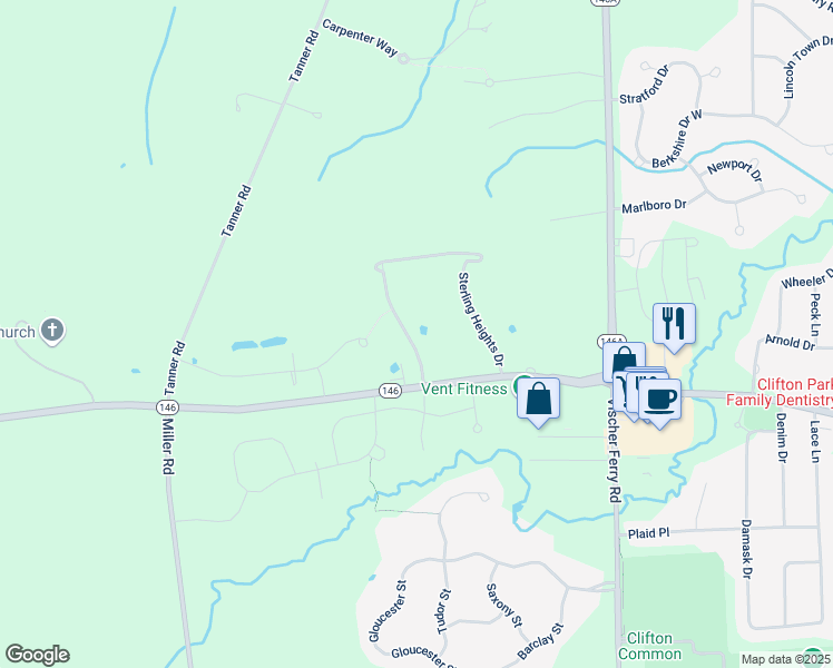 map of restaurants, bars, coffee shops, grocery stores, and more near 56 Sterling Heights Drive in Saratoga County