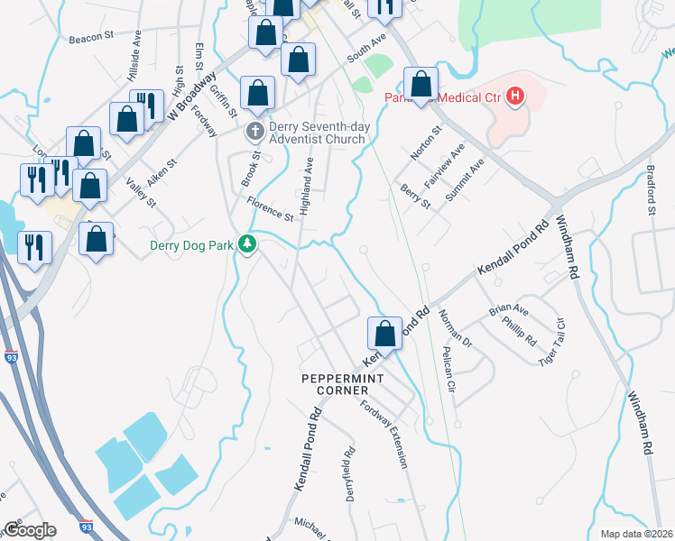 map of restaurants, bars, coffee shops, grocery stores, and more near 78 Mills Farm Circle in Derry
