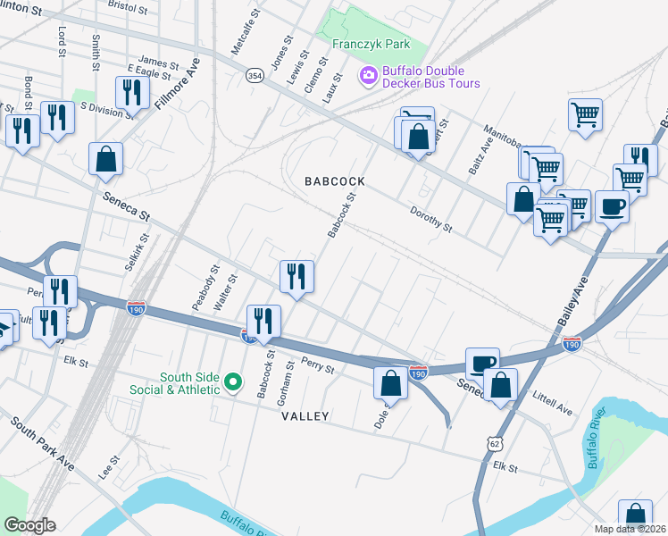 map of restaurants, bars, coffee shops, grocery stores, and more near 136 Imson Street in Buffalo