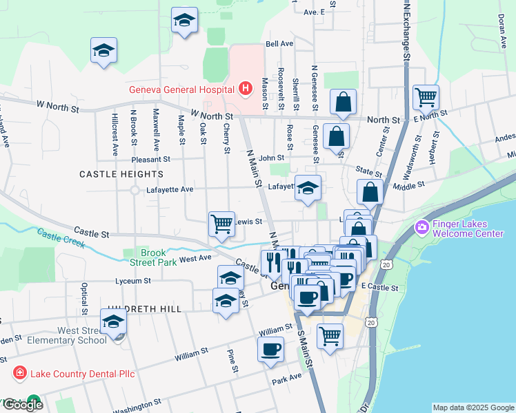 map of restaurants, bars, coffee shops, grocery stores, and more near 124 North Main Street in Geneva