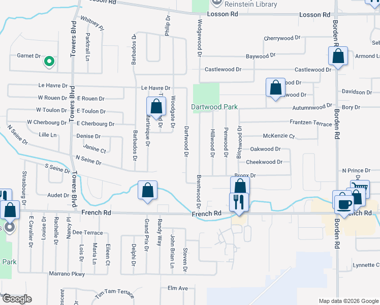 map of restaurants, bars, coffee shops, grocery stores, and more near 81 Dartwood Drive in Cheektowaga
