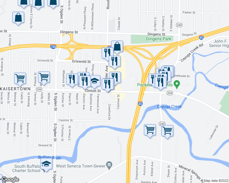 map of restaurants, bars, coffee shops, grocery stores, and more near 2269 Clinton Street in West Seneca