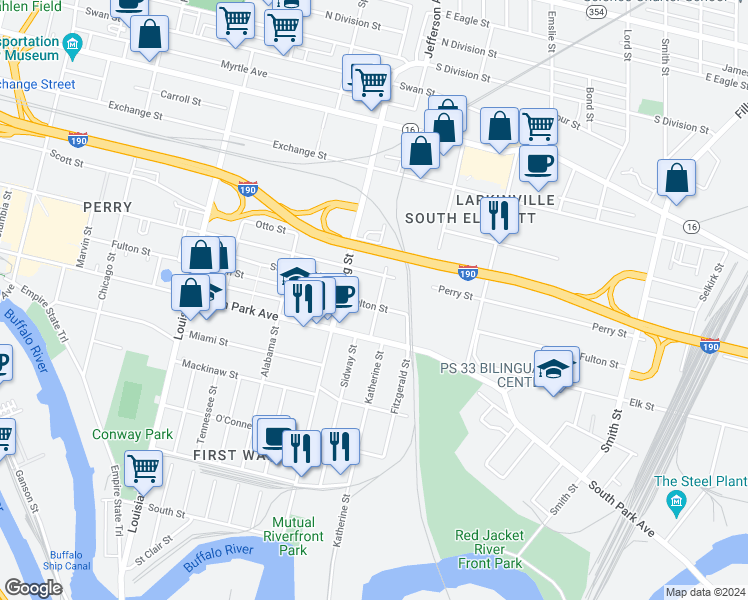 map of restaurants, bars, coffee shops, grocery stores, and more near 394 Fulton Street in Buffalo