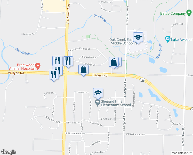 map of restaurants, bars, coffee shops, grocery stores, and more near 401 East Ryan Road in Oak Creek